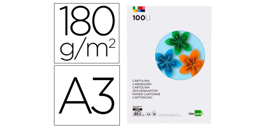 Cartulina liderpapel a3 180g/m2 10 colores surtidos paquete 100 hojas