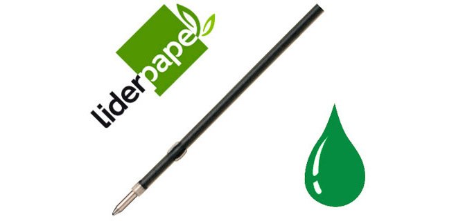 Recambio boligrafo liderpapel gummy touch retractil 1,0 mm tinta verde bolsa de 10 unidades