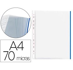 Funda multitaladro q-connect din a4 70 mc pp cristal con borde azul bolsa de 10 unidades