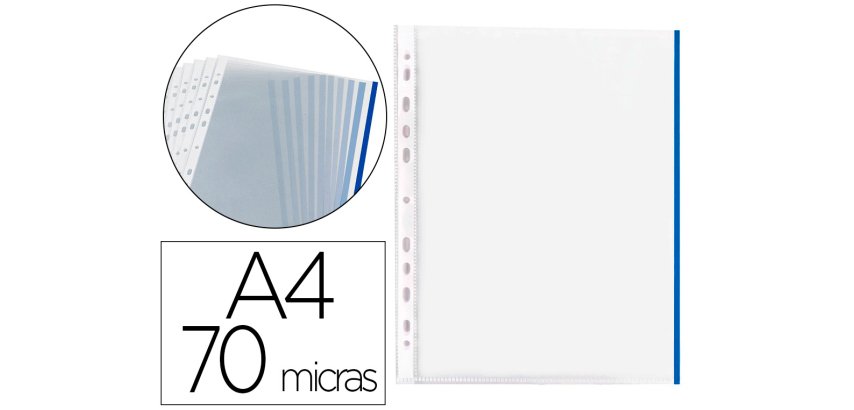 Funda multitaladro q-connect din a4 70 mc pp cristal con borde azul bolsa de 10 unidades
