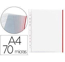 Funda multitaladro q-connect din a4 70 mc pp cristal con borde rojo bolsa de 10 unidades
