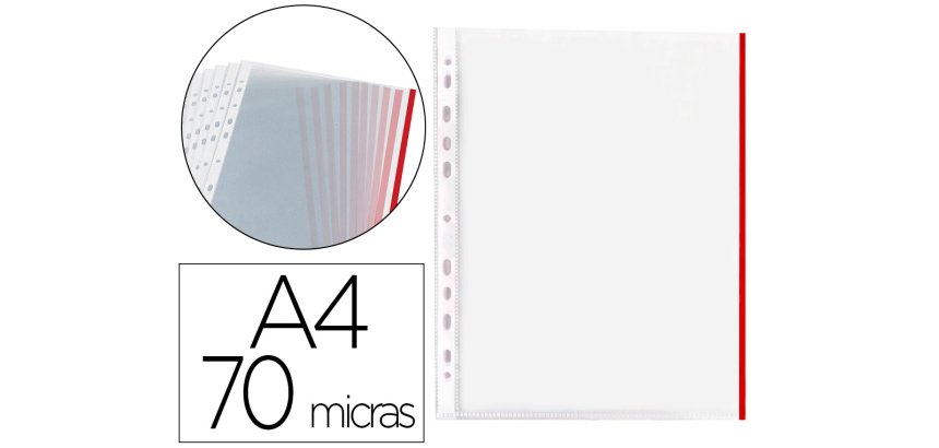 Funda multitaladro q-connect din a4 70 mc pp cristal con borde rojo bolsa de 10 unidades