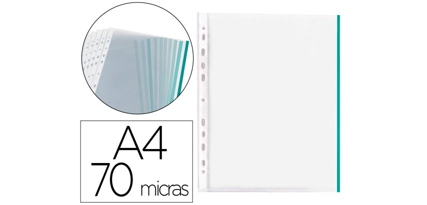 Funda multitaladro q-connect din a4 70 mc pp cristal con borde verde bolsa de 10 unidades