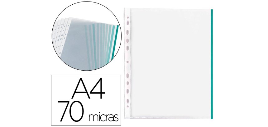 Funda multitaladro q-connect din a4 70 mc pp cristal con borde verde bolsa de 10 unidades