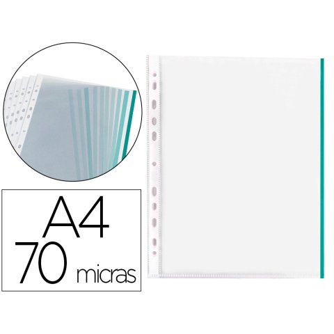 Funda multitaladro q-connect din a4 70 mc pp cristal con borde verde bolsa de 10 unidades