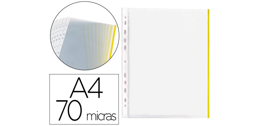 Funda multitaladro q-connect din a4 70 mc pp cristal con borde amarillo bolsa de 10 unidades