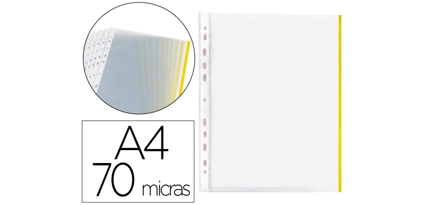 Funda multitaladro q-connect din a4 70 mc pp cristal con borde amarillo bolsa de 10 unidades