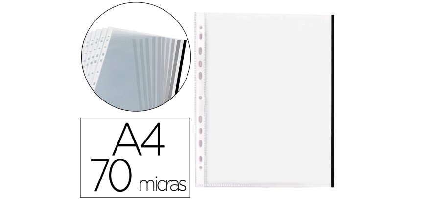 Funda multitaladro q-connect din a4 70 mc pp cristal con borde negro bolsa de 10 unidades