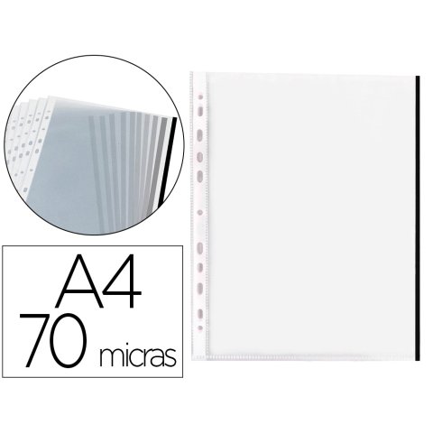 Funda multitaladro q-connect din a4 70 mc pp cristal con borde negro bolsa de 10 unidades