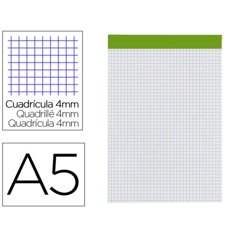 Bloc notas liderpapel cuadro 4 mm a5 80 hojas 60 g/m2 perforado sin tapa