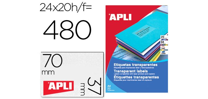 Etiqueta adhesiva apli 1224 transparentes tamaño 70x37 mm para fotocopiadora laser caja 20 hojas con 480 etiquetas
