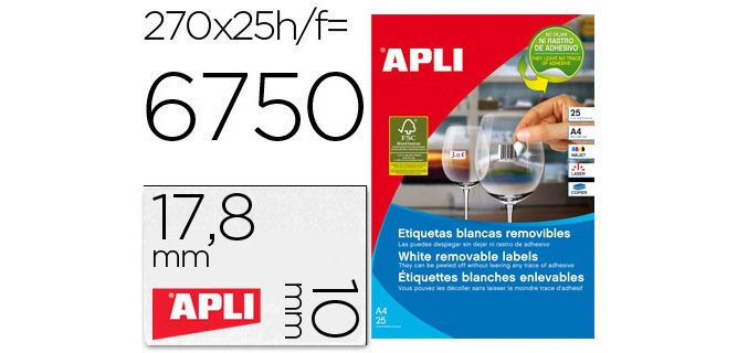 Etiqueta adhesivas apli 10197 tamaño 17,8x10 mm removible para fotocopiadora laser ink-jet caja 25 hojas con