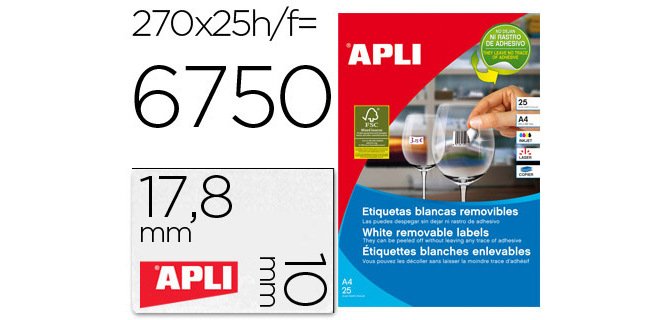 Etiqueta adhesivas apli 10197 tamaño 17,8x10 mm removible para fotocopiadora laser ink-jet caja 25 hojas con