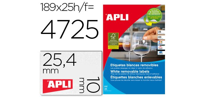 Etiqueta adhesivas apli 10198 tamaño 25,4x10 mm removible para fotocopiadora laser ink-jet caja 25 hojas con