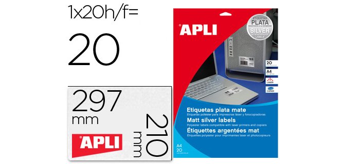 Etiqueta adhesiva apli 10071 metalizada 210x297 mm para fotocopiadora laser caja 20 hojas