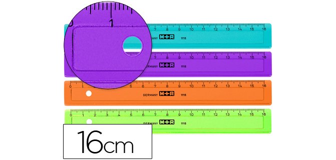 Regla m+r 16 cm plastico graduada y biselada colores surtidos