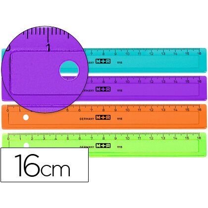 Regla m+r 16 cm plastico graduada y biselada colores surtidos