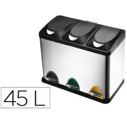Papelera contenedor reciclaje q-connect metálica tapa de plástico y pedal 3 depósitos 45L 
