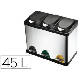 Papelera contenedor reciclaje q-connect metálica tapa de plástico y pedal 3 depósitos 45L 