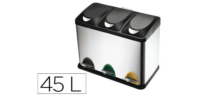 Papelera contenedor reciclaje q-connect metálica tapa de plástico y pedal 3 depósitos 45L 