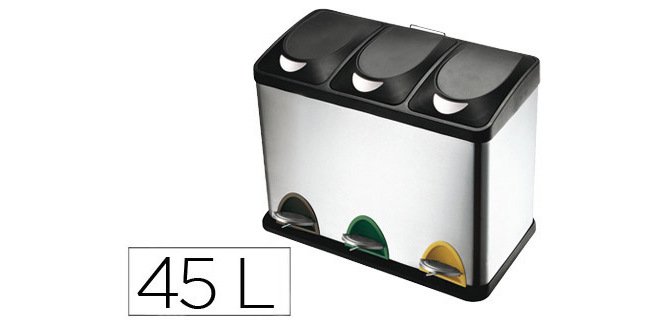 Papelera contenedor reciclaje q-connect metálica tapa de plástico y pedal 3 depósitos 45L 