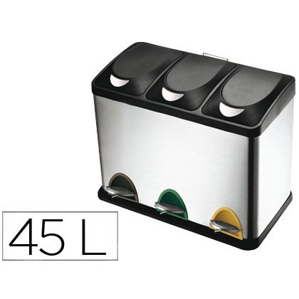 Papelera contenedor reciclaje q-connect metálica tapa de plástico y pedal 3 depósitos 45L