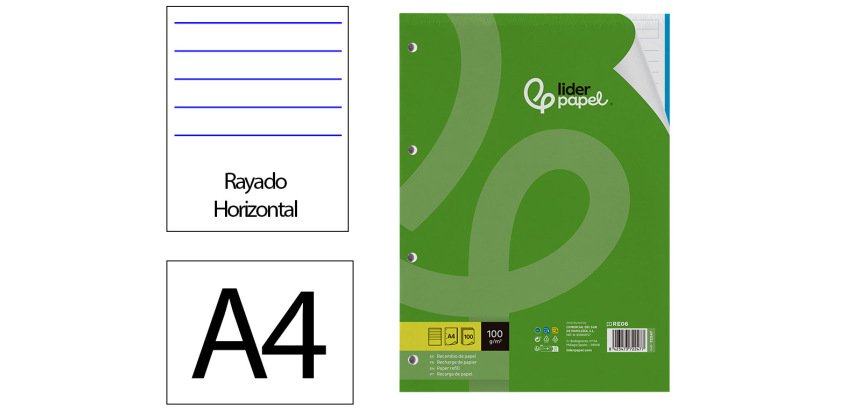 Recambio liderpapel a4 100 hojas 100gr rayado horizontal 4 taladros bandas de 5 colores