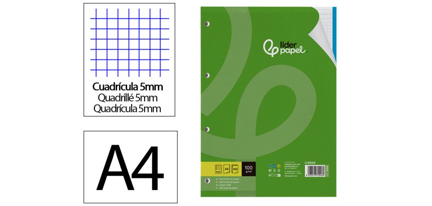 Recambio liderpapel a4 100 hojas 100gr cuadro 5mm 4 taladros bandas de 5 colores