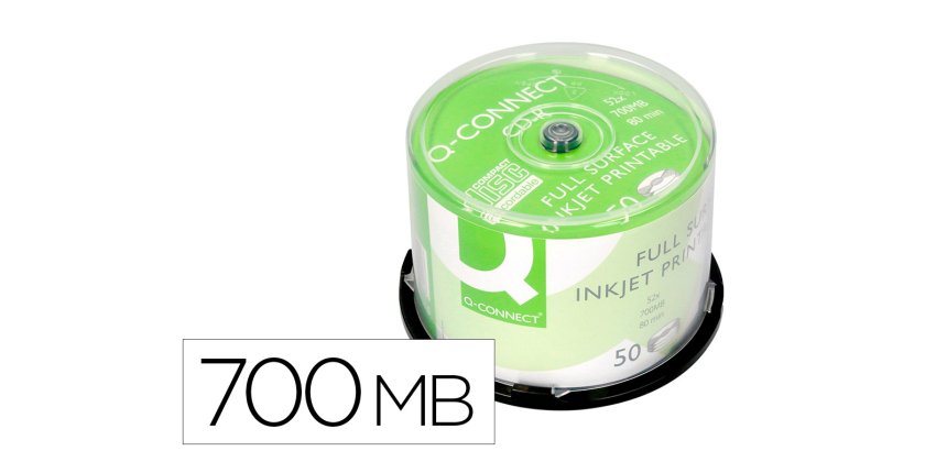 Cd-r q-connect con superficie 100% imprimible para inkjet capacidad 700mb duracion 80minvelocidad 52x bote de 50 unid