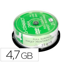 Dvd-r q-connect con superficie 100% imprimible para inkjet capacidad 4,7gb duracion 120mivelocidad 16x bote de 25 unid