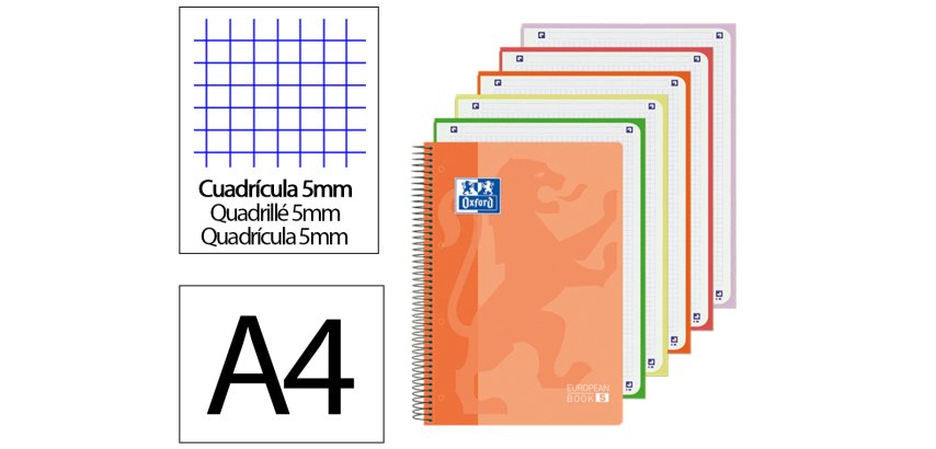 Bloc espiral oxford tapa plastico optik paper microperforado din a4+ 120h cuadro 5 mm colores surtidos