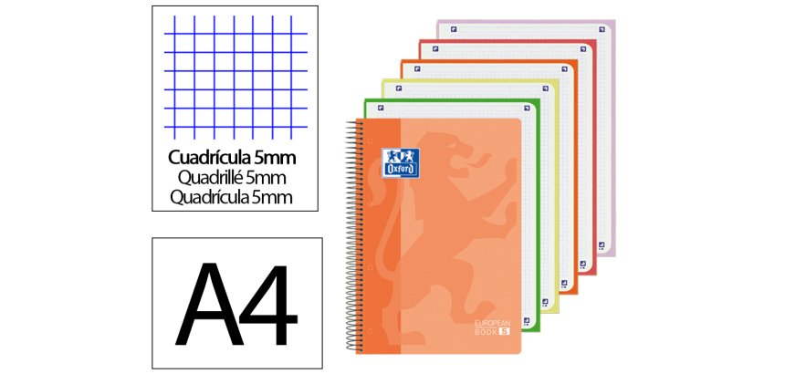 Bloc espiral oxford tapa plastico optik paper microperforado din a4+ 120h cuadro 5 mm colores surtidos
