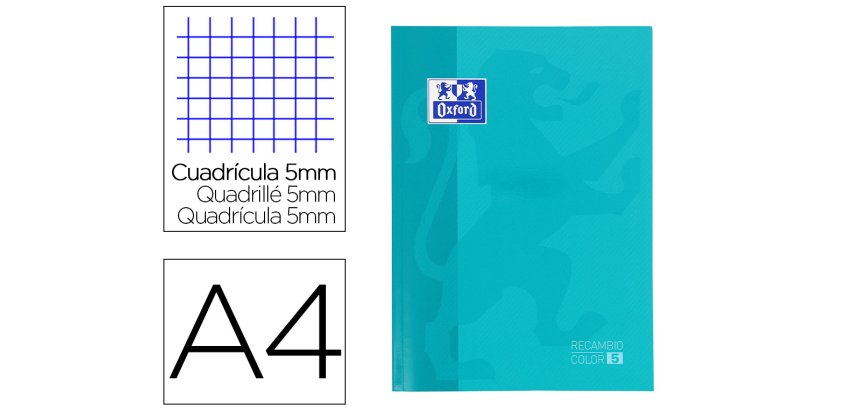 Recambio color oxford din a4 80 hojas 90 gr optik paper cuadros 5mm 4 taladros