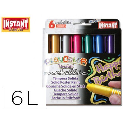 Tempera solida en barra playcolor pocket escolar caja de 6 colores metalizados