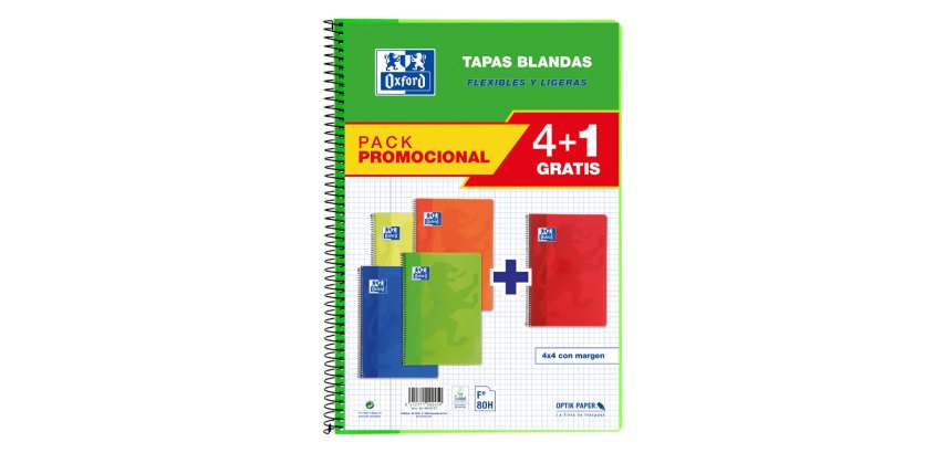Bloc espiral oxford tapa blanda folio 80 hojas 90gr cuadro 4 mm colores vivos pack de 4+1