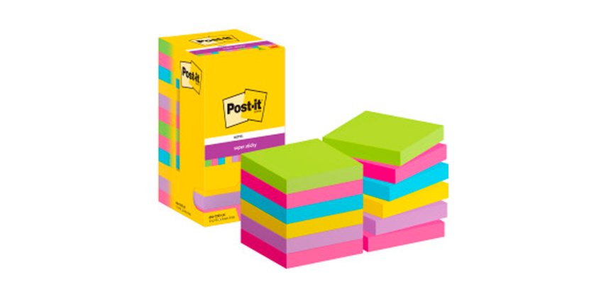 Bloc de notas adhesivas quita y pon post-it super stick ultra 76x76 mm pack de 12 bloc verde rosa amarilla