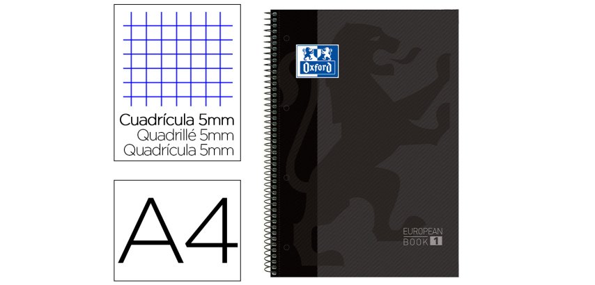 Bloc espiral oxford european book tapa extradura din a4 80 hojas cuadricula 5 mm color gris