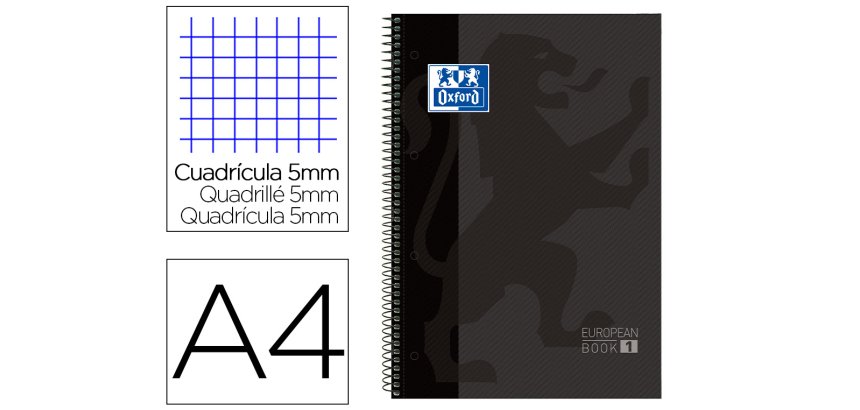 Bloc espiral oxford european book tapa extradura din a4 80 hojas cuadricula 5 mm color gris