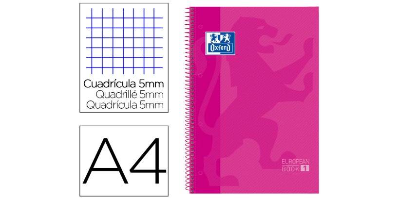 Bloc espiral oxford european book tapa extradura din a4 80 hojas cuadricula 5 mm color rosa
