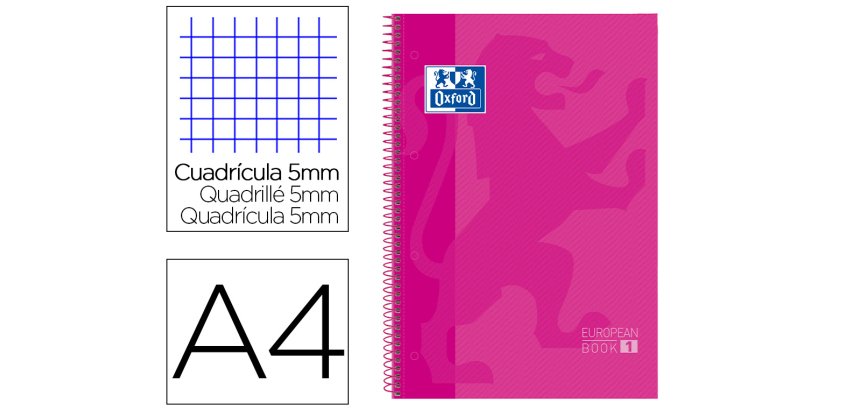 Bloc espiral oxford european book tapa extradura din a4 80 hojas cuadricula 5 mm color rosa