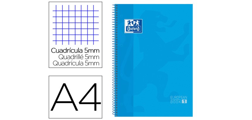 Bloc espiral oxford european book tapa extradura din a4 80 hojas cuadricula 5 mm color turquesa