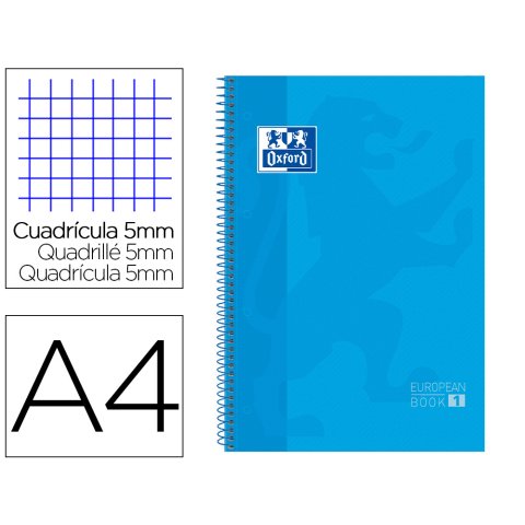 Bloc espiral oxford european book tapa extradura din a4 80 hojas cuadricula 5 mm color turquesa