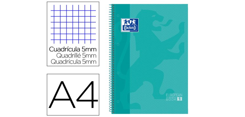 Bloc espiral oxford tapa extradura microperforado din a4 80 hojas cuadros 5 mm color menta hielo