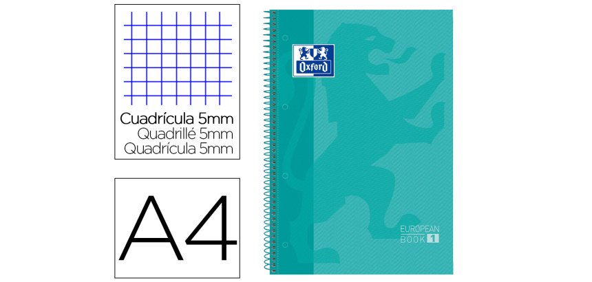 Bloc espiral oxford tapa extradura microperforado din a4 80 hojas cuadros 5 mm color menta hielo