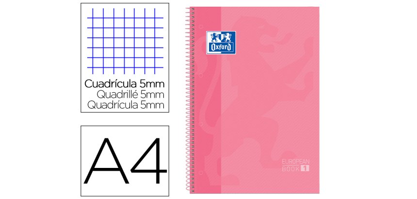 Bloc espiral oxford tapa extradura microperforado din a4 80 hojas cuadros 5 mm color rosa dulce
