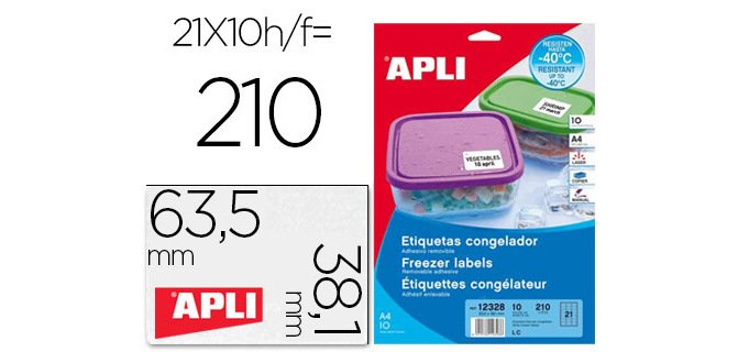Etiqueta adhesiva apli 12328 tamaño 63,5x38,1 mm para congelados caja con 10 hojas a4 blancas directiva europea