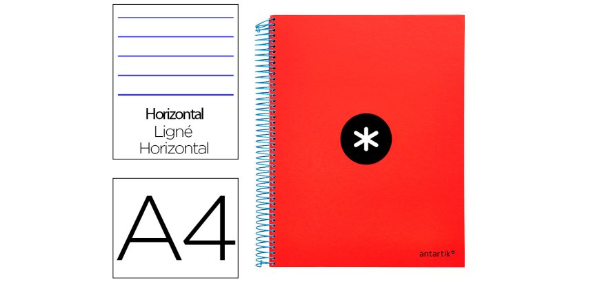 Cuaderno espiral a4 micro antartik tapa forrada 120h 90 gr horizontal 5 bandas 4 taladros color rojo
