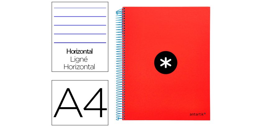 Cuaderno espiral a4 micro antartik tapa forrada 120h 90 gr horizontal 5 bandas 4 taladros color rojo