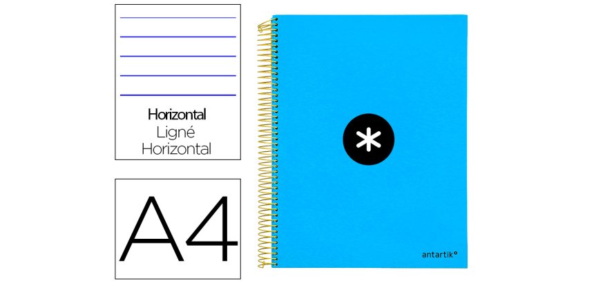 Cuaderno espiral a4 micro antartik tapa forrada 120h 90 gr horizontal 5 bandas 4 taladros color azul