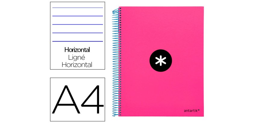 Cuaderno espiral a4 micro antartik tapa forrada 120h 90 gr horizontal 5 bandas 4 taladros color rosa